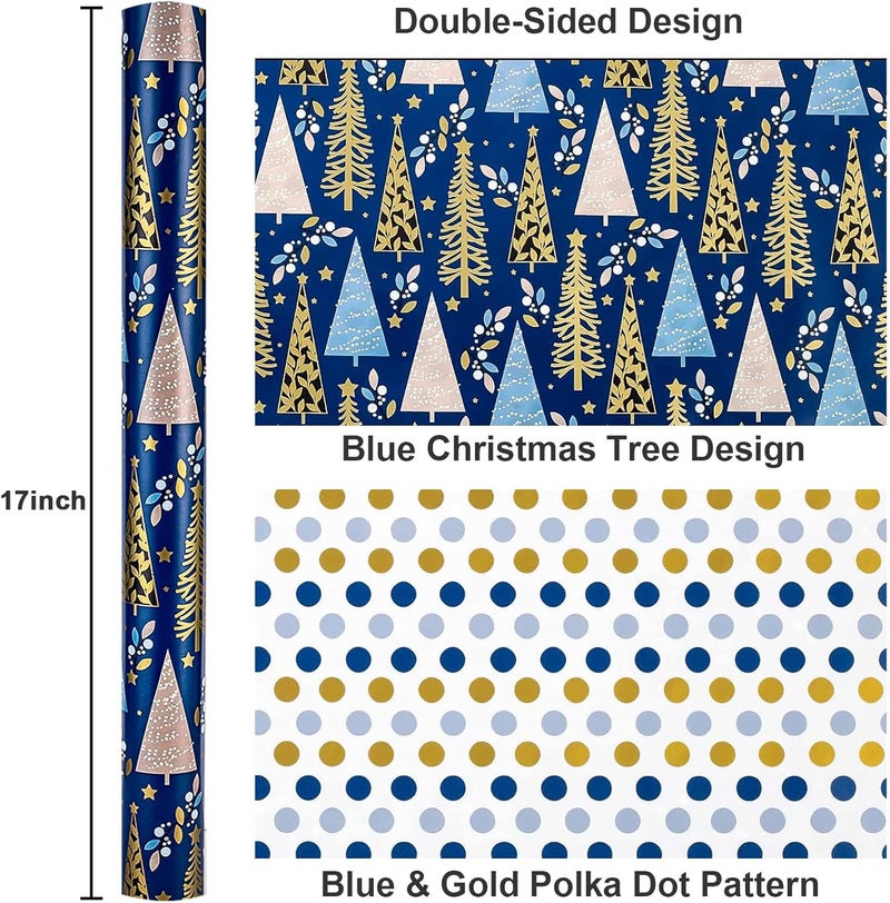 Yarcony Reversible Christmas Wrapping Paper, Blue Wrapping Paper for Men, Modern Navy Blue Christmas Tree, Polka Dot Theme Holiday Gift Wrap for Party, Celebrations (Mini Roll, 17 Inch X 33 Feet) - Image 3